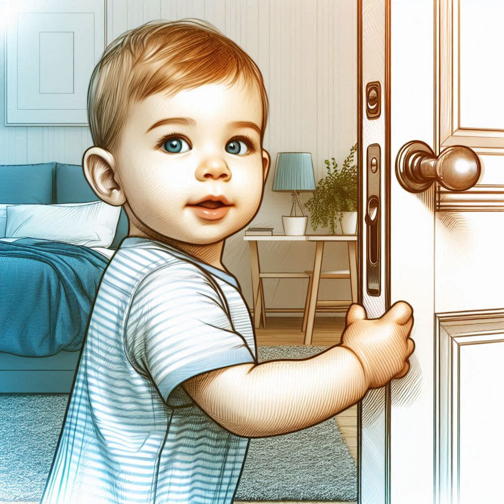 מבט מול חדר שינה, שתינוק חמוד מסובב את הידית של דלת. סגנון סקטצ' צבע.jpeg