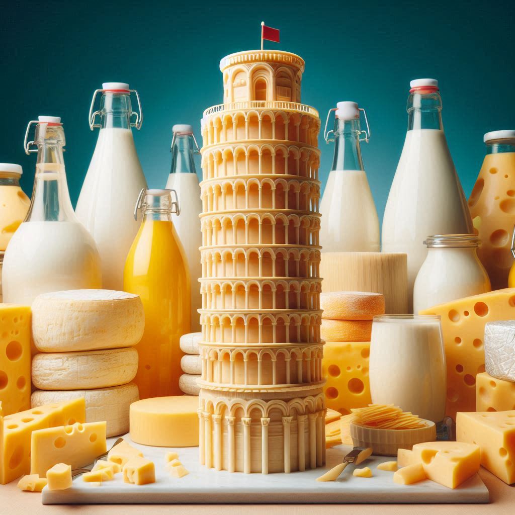 מגדל פיזה עשוי מקופסאות גבינה, וכל הרקע עשוי ממוצרי חלב..jpeg