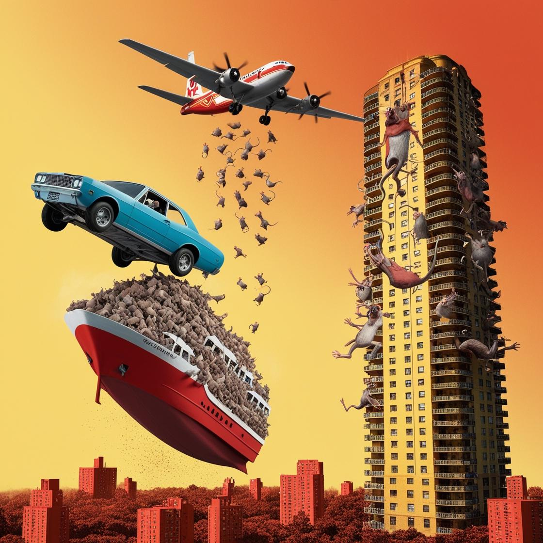 מטוס משליך ספינת רכבים מלא בעכברים מעל גבי מגדל מגורים ענק מרקד ובוכה בצבע צהוב זורח ועגבניה.jpg