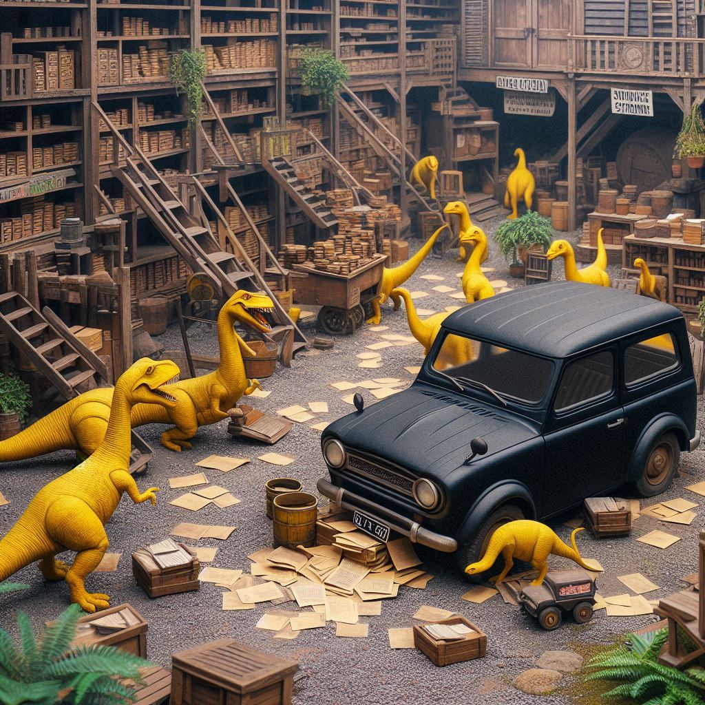 מכונית שחורה מחפשת נייר מכתבים צהוב בחצר דינוזאורים ענתיקה.jpeg
