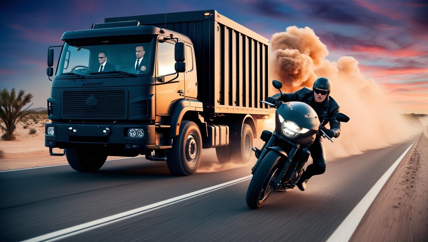 משאית בורחת ובתוכה נוהג סוכן ואחריו אופנוע עם אןפנוען מהיר.jpg