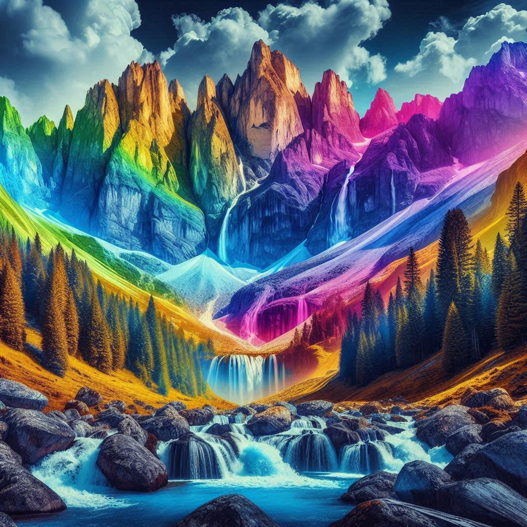 נוף הררי עם מפלים מרהיב ומדהים, בצבעים ססגוניים עזים מנוגדיים. .jpeg