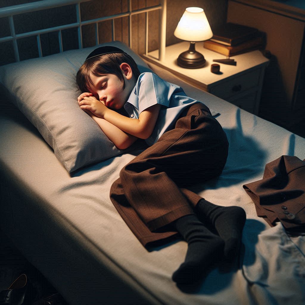 סגנון ריאליסטי וקולנועי, ילד יהודי אורטודוכסי בן 5 ישן בחדר ילדים מטופח, מואר עם מנורת לילה. ...jpeg