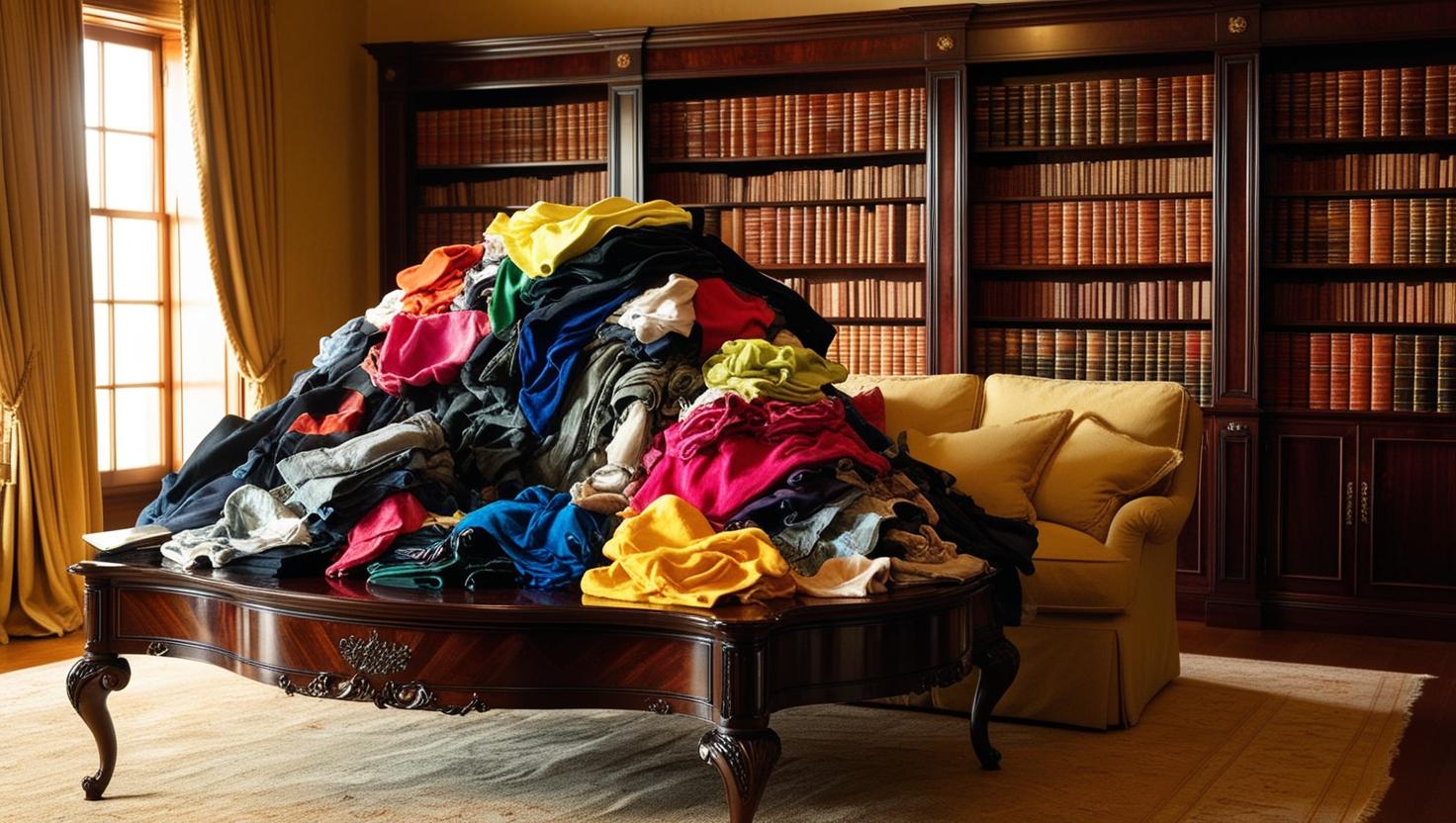 סלון יוקרתי ארון ספרים ארוך לאורך הקיר הימני, במרכז הסלון עומד שולחן ועליו הר כביסה לא מקופלת.jpg