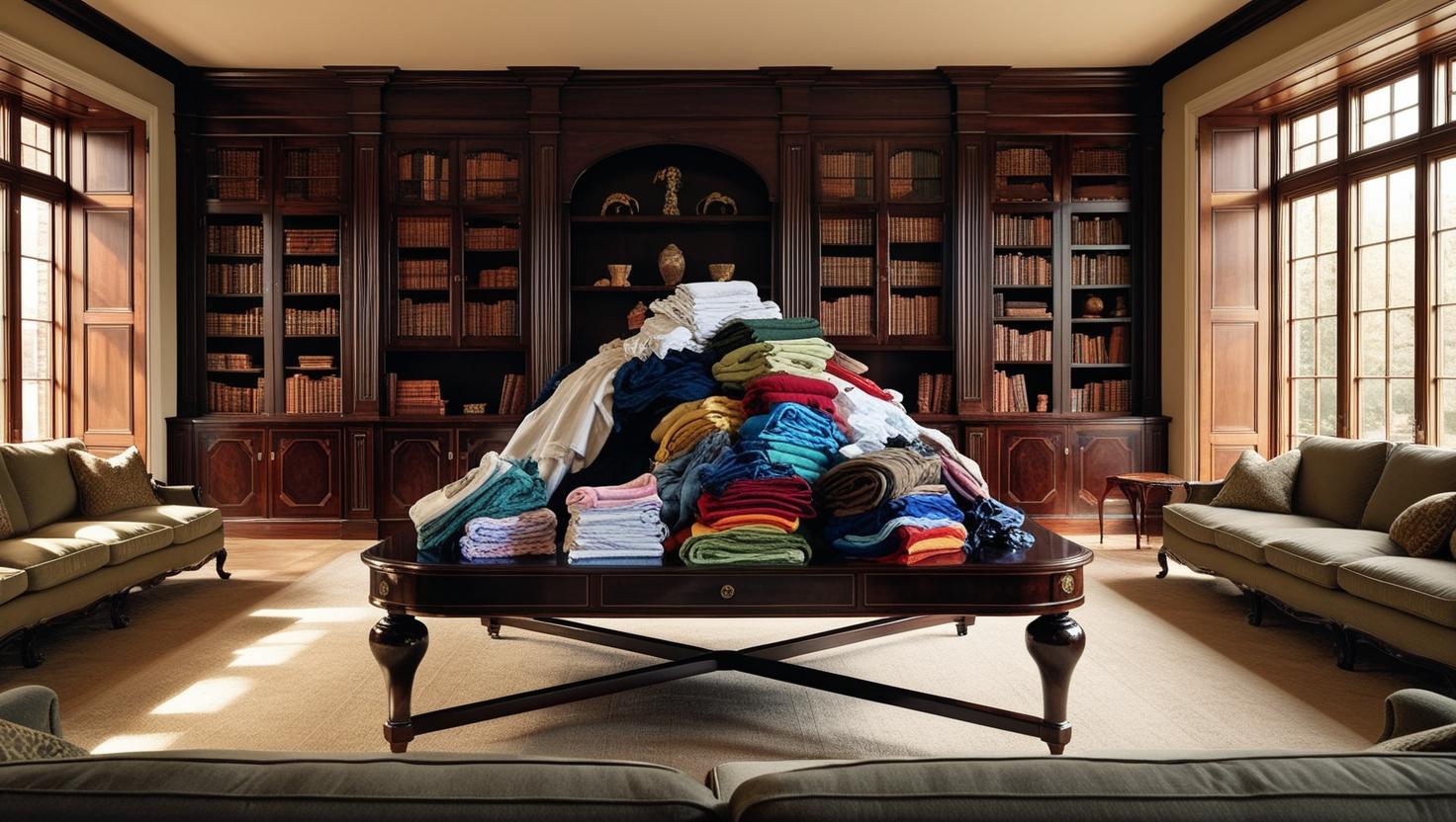 סלון יוקרתי ארון ספרים ארוך לכל אורך הקיר במרכז הסלון עומד שולחן ועליו הר כביסה לא מקופלת (1).jpg