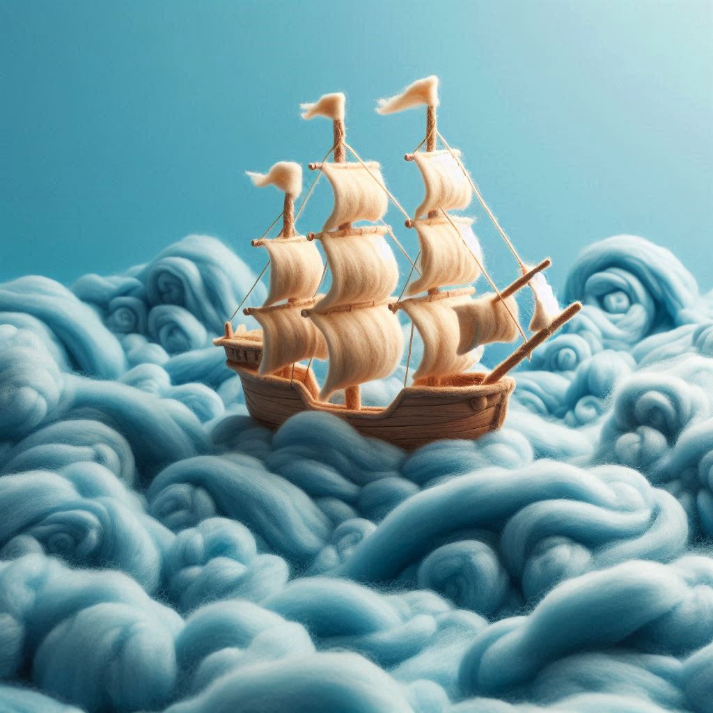 ספינה מצמר על ים מצמר ושהתמונה תראה ממש כאילו עטפן את הסירה בצמר ואת הים ושלא יראה כסתם ציור.jpeg