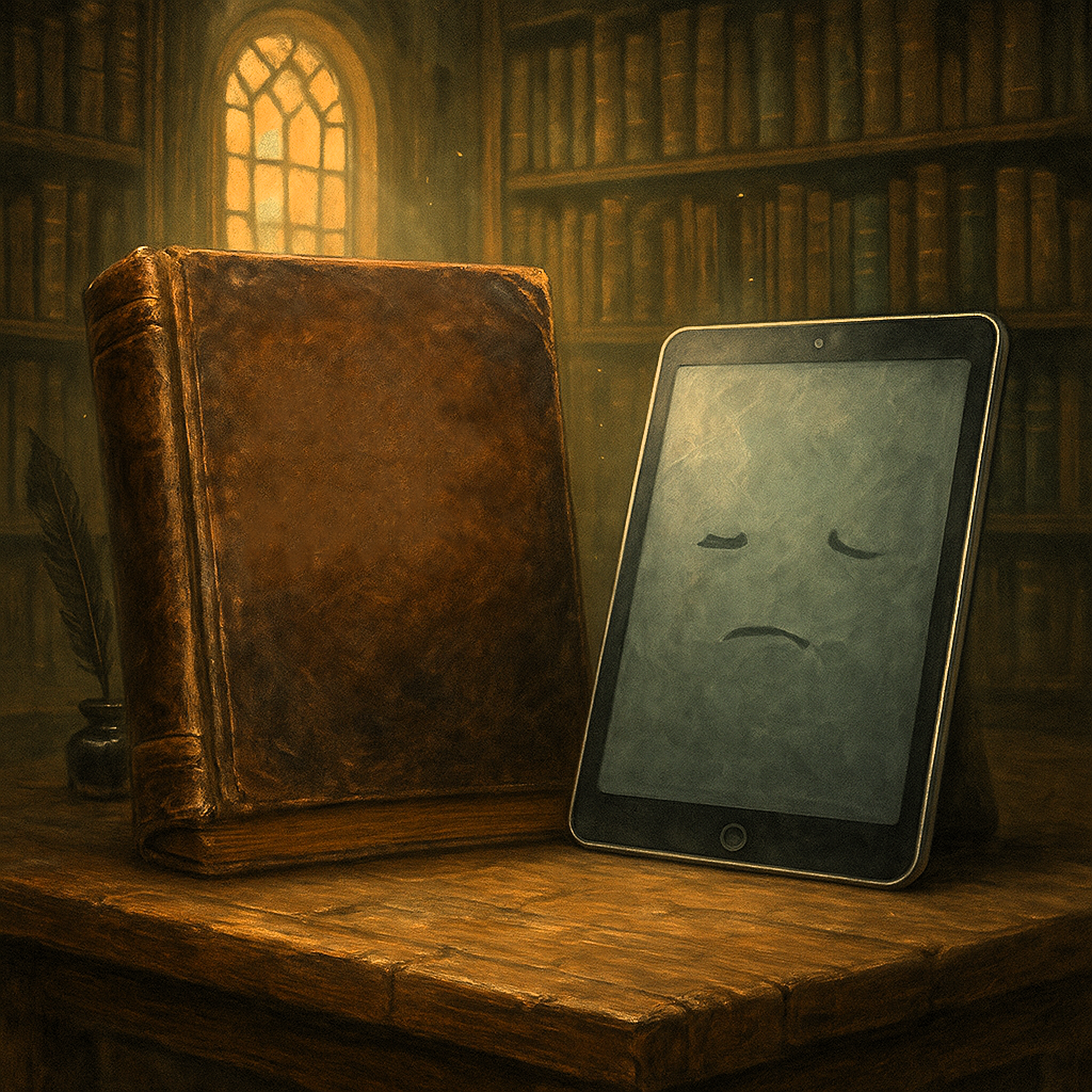 ספר ישן משומש, מול טאבלט מוזנח.png