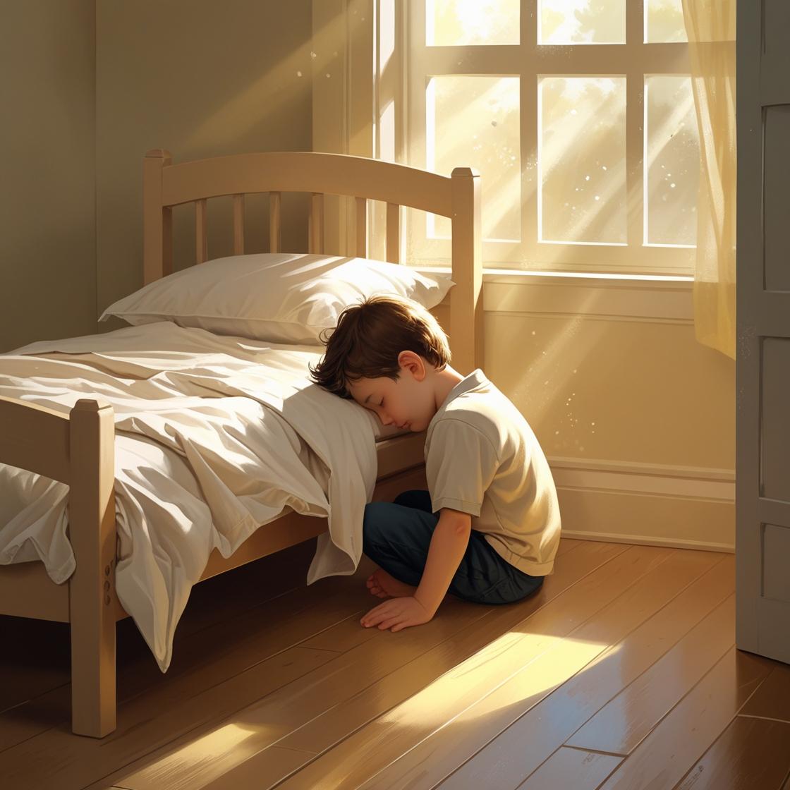 סצנה מחממת לב המציגה ילד קטן יושב על הרצפה ליד מיטה ריקה, ראשו נשען באהבה על המזרון, המיטה לא ...jpg