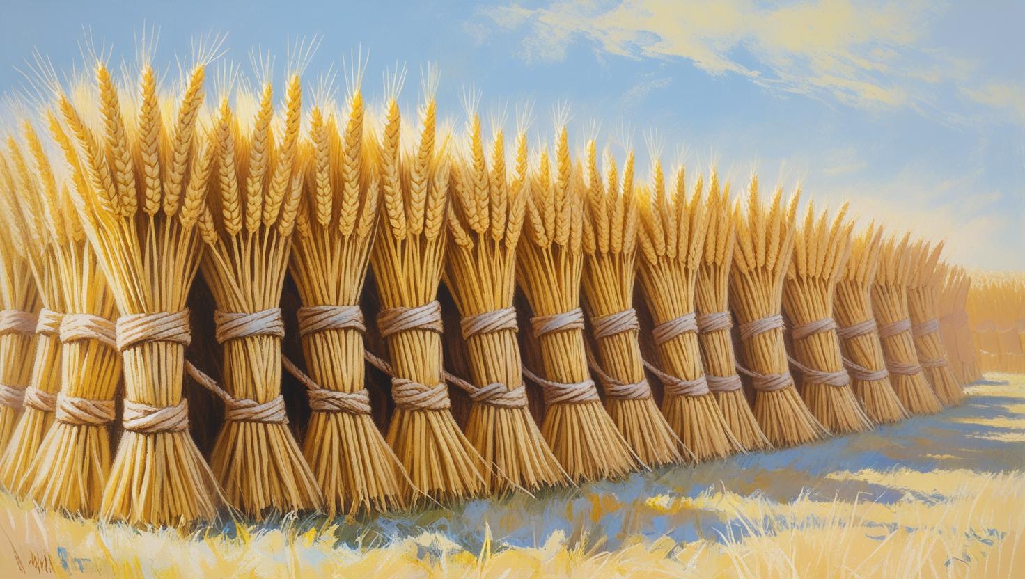 ערמות חיטים קשורות כל אחת בחבל מונחות בשדה, ציור פסטל רך.jpg