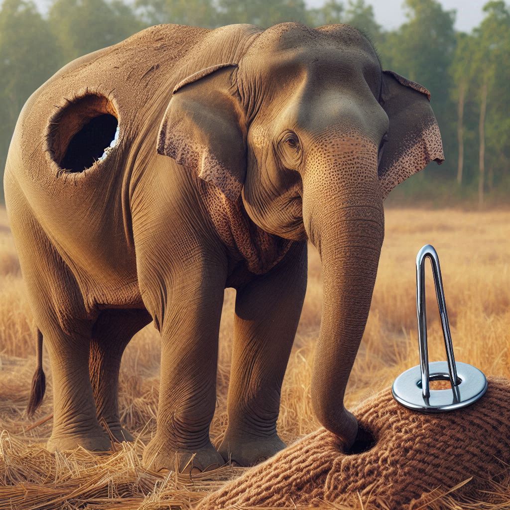 פיל עומד בשדה והחדק שלו נכנס לתוך חור של מחט תפירה קטן..jpeg