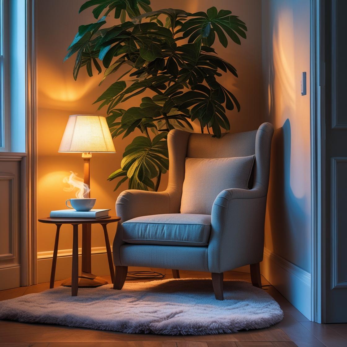 פינה של חדר עם כורסא או כיסא נוח ממוקם בדיוק בזווית שבין שני קירות, עם גב הכיסא פונה לפינה. לצ...jpg