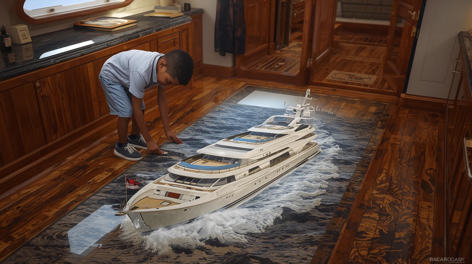 צור ילד שמצייר על רצפה יכטה, היכטה נראת כאמיתית, הציור נראה כאשלייה, נראה כאילו הילד ליד יכטה ...jpg