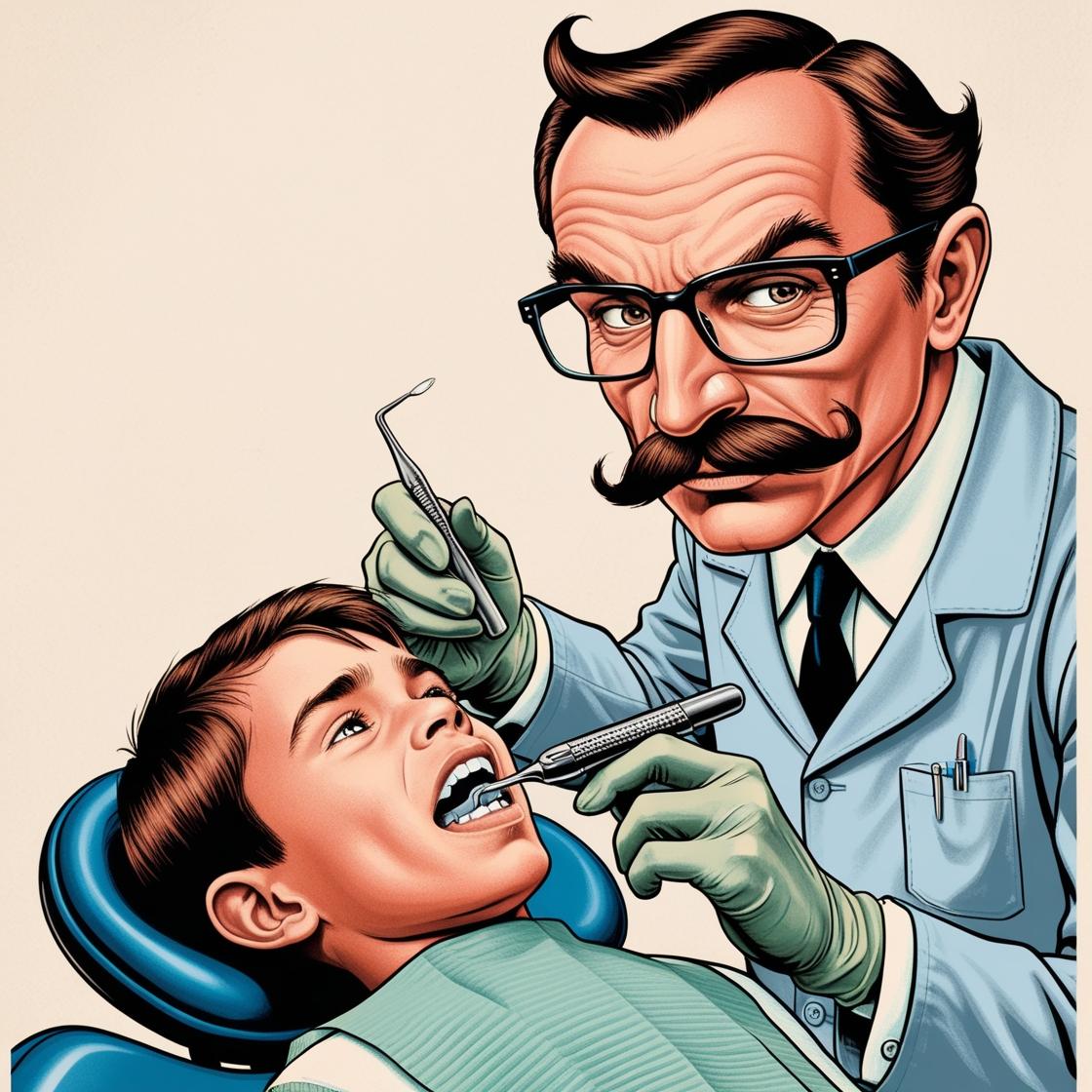 צור לי איור של רופא שיניים רשע  עם אף נשרי ומשקפיים והבעה  רע מפחיד ומאיים,  מכניס מכשיר מתכת ...jpg