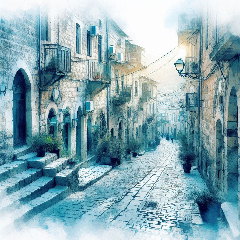 צור לי סמטה טיפוסית בעיר צפת שגוון התכלת שולט בה בסגנון צבעי מים רכים קווים מטושטשים (2).jpeg