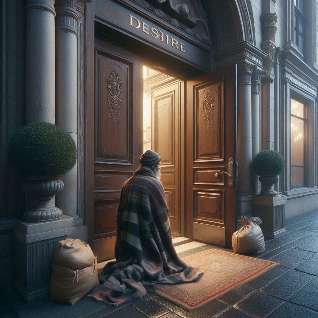 צור לי סצנה ריאליסטית דרמטית של הומלס מוזנח ירושלמי עומד בפתח בית מלון מפואר ורוצה להיכנס.והד...jpeg