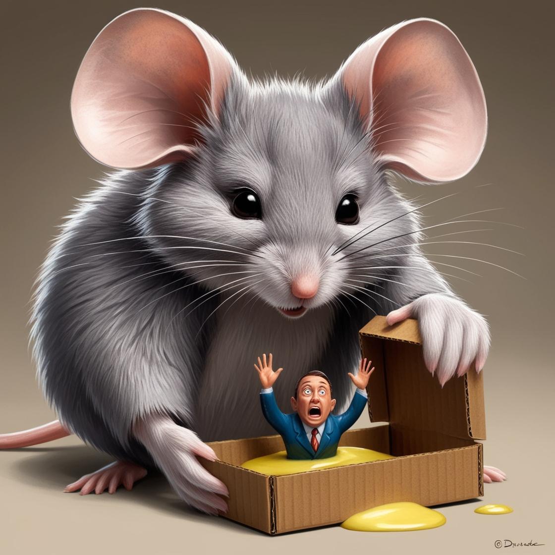 צור לי עכבר אפור פרוותי מתוק  גדול  שמחזיק ביד מלכודת עכברים מקרטון חום עם דבק צהבהב נוזלי, וב...jpg