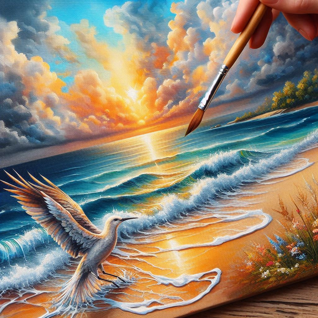 צור לי תמונה אומנותית בסגנון מהי יצירת מופת של ים וחוף ושמים ומכחול מהצד גומר לצייר ציפור יפת...jpeg