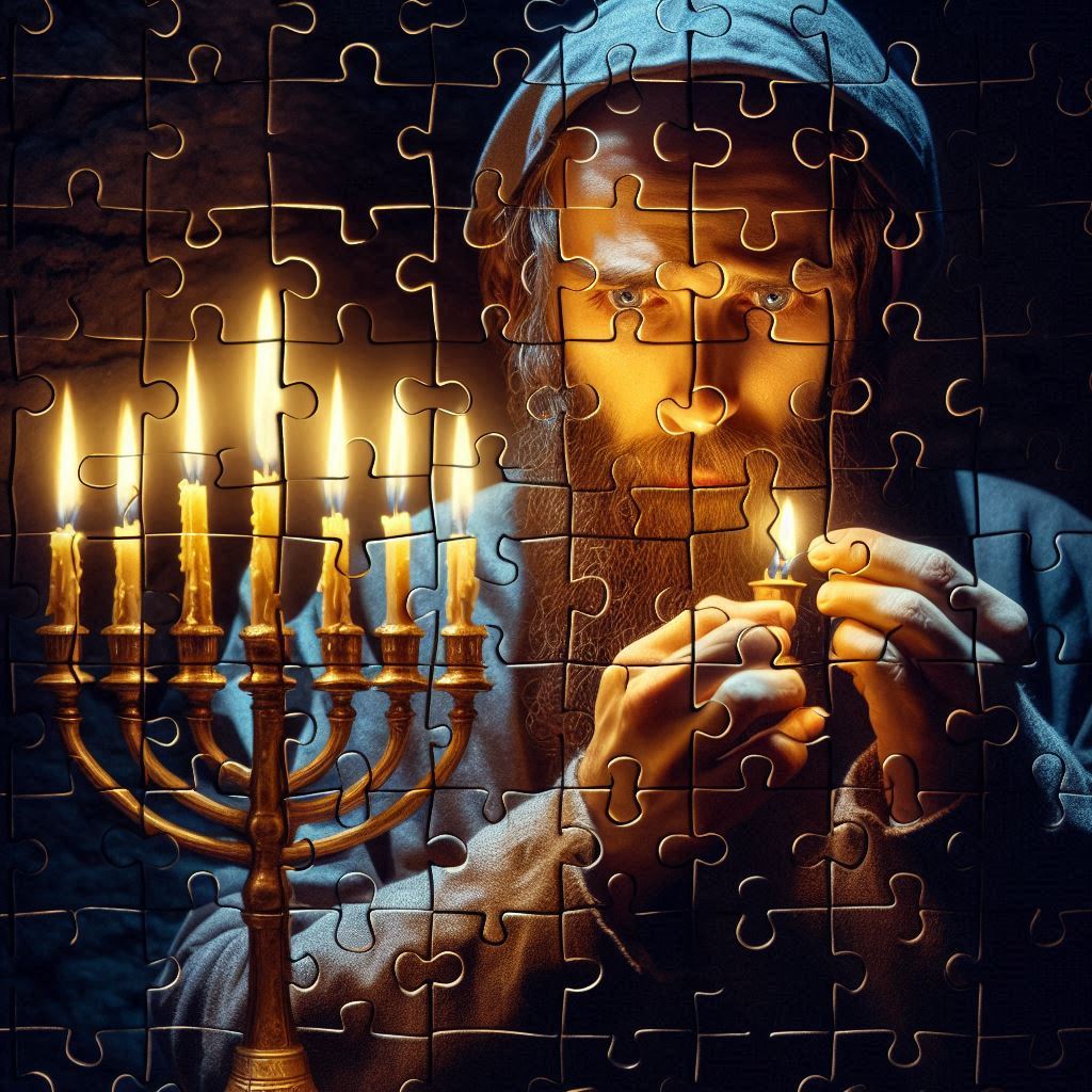 צור לי תמונה המורכבת מחלקי פאזל  של אסיר חרדי נבהל ומפוחד עומד בתקריב פנים בתוך מערה גדולה, ל...jpeg