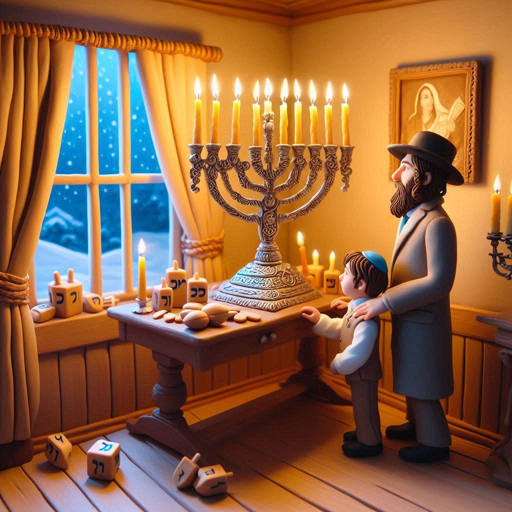 צור לי תמונה  מפלסטלינה של סצנת חנוכה חורפית חמה ונעימה בתוך בית יהודי מסורתי. ליד חלון עומד ...jpeg