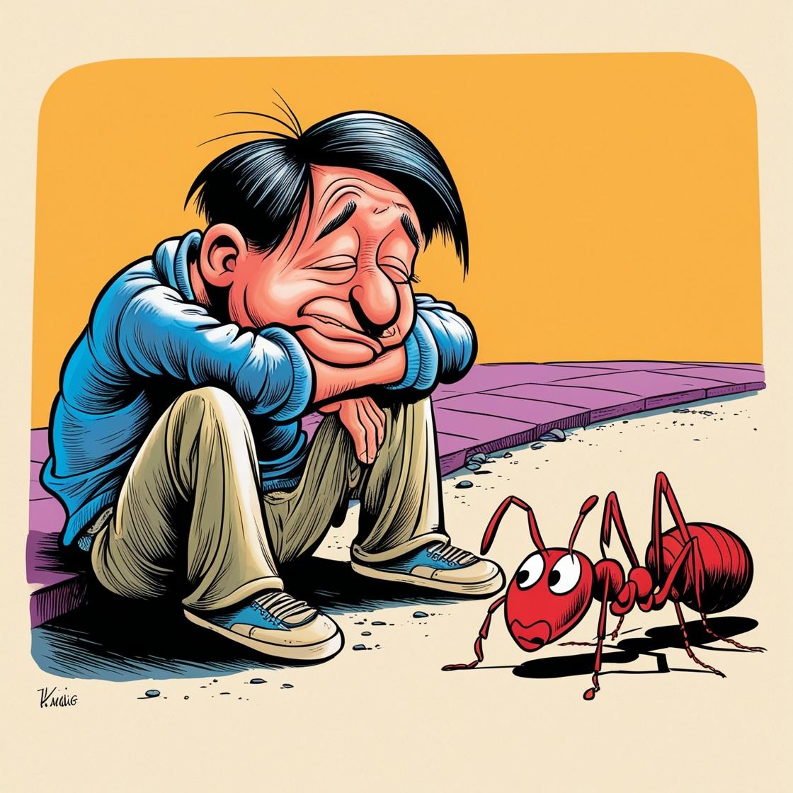 צור לי תמונה קומית של אדם עצלן מאוד ועייף שאין לו כוח אפילו לצעוד לכיוון הנמלה הענקית שלידו.jpg