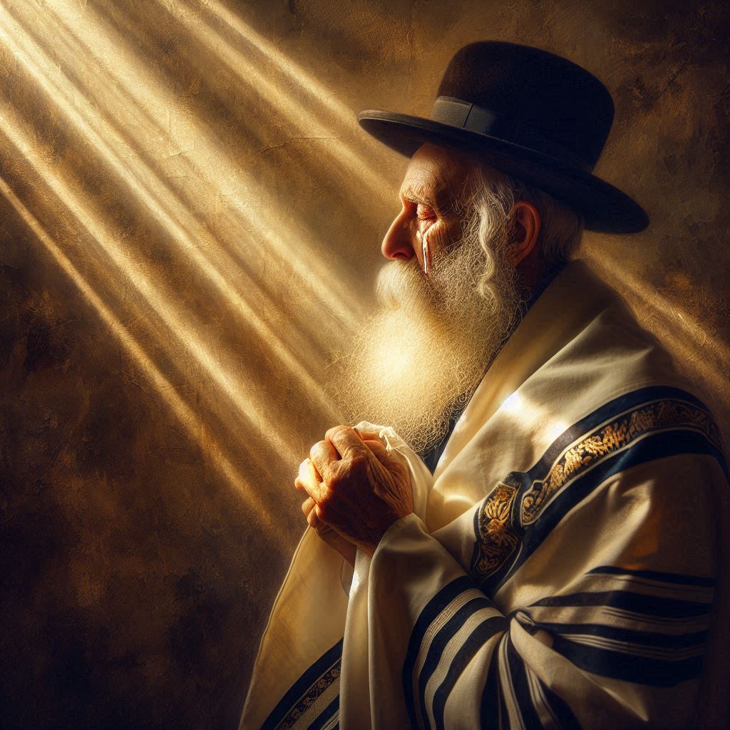 צור לי תמונה של איש מבוגר במראה חרדי עם זקן לבן וכיפה על הראש עומד בתפילה עם טלית עם פסים שחו...jpeg