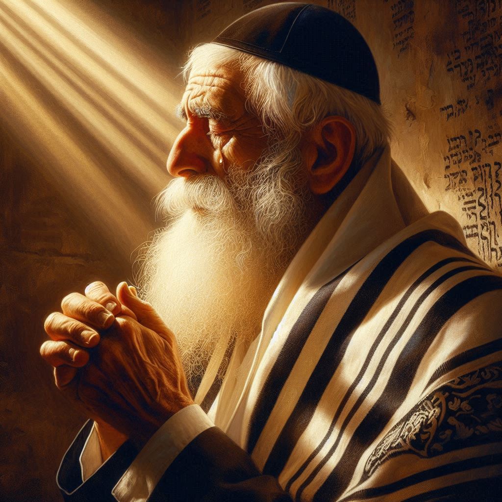 צור לי תמונה של איש מבוגר במראה חרדי עם זקן לבן וכיפה על הראש עומד בתפילה עם טלית עם פסים שחו...jpeg