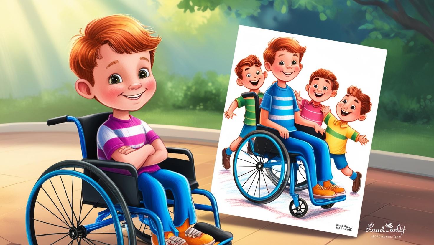 צור לי תמונה של ילד חמוד כבן 5 יושב בכיסא גלגלים, בלי חברים סביבו , הילד החמוד מחזיק דף גדול ב...jpg