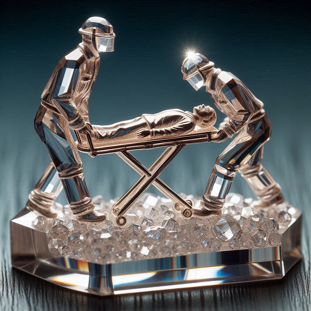 צור לי תמונה של קריסטל במיניאטורה בסגנון סברובסקי, שמגולפת בצורה של איש הצלה מפנה גבר פצועה ע...jpeg