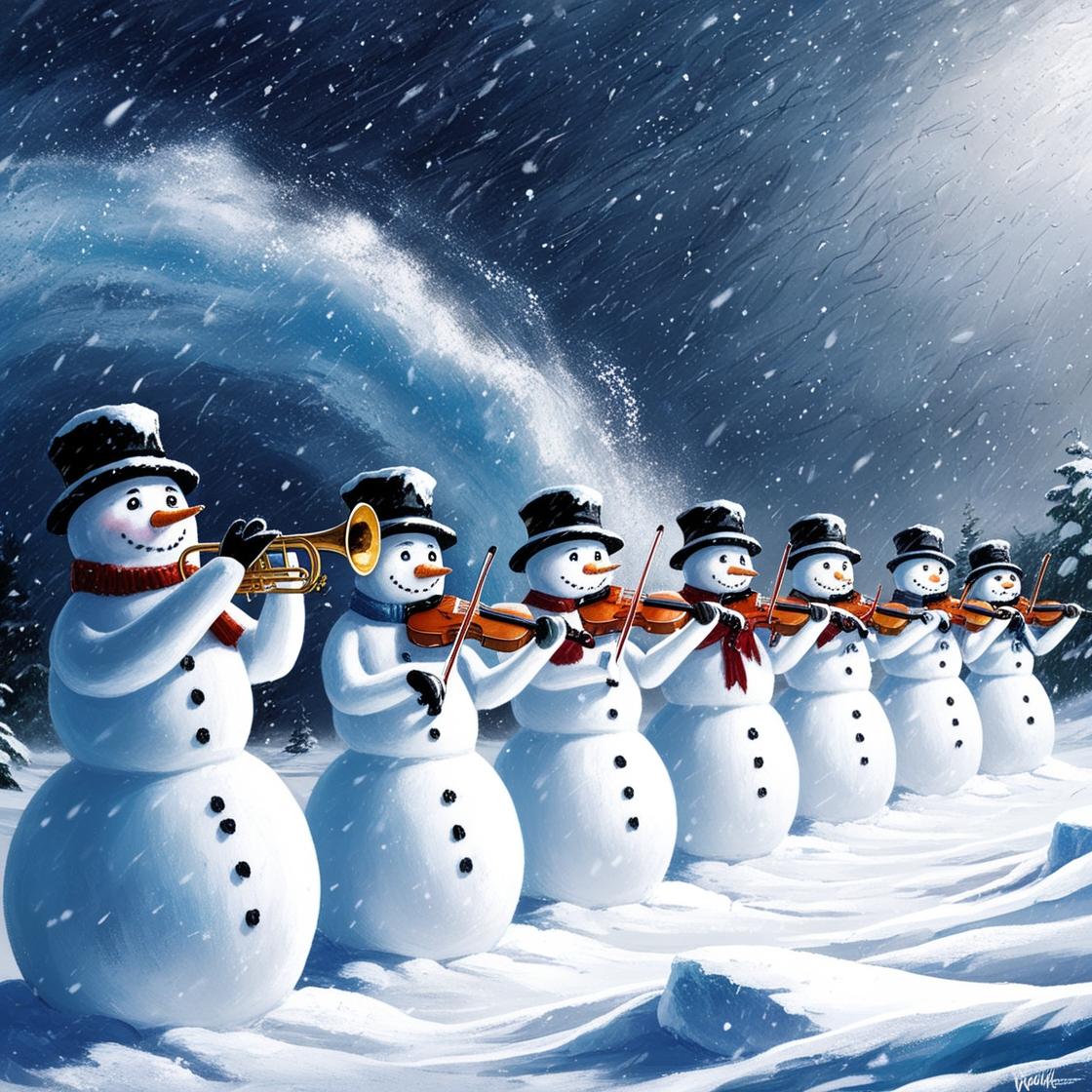 צור לי תמונה של שלג יורד ורוחות עזות ובובות שלג עומדות במסדר בשורה חלקם מנגנים בחצוצרות וחלקם ...jpg