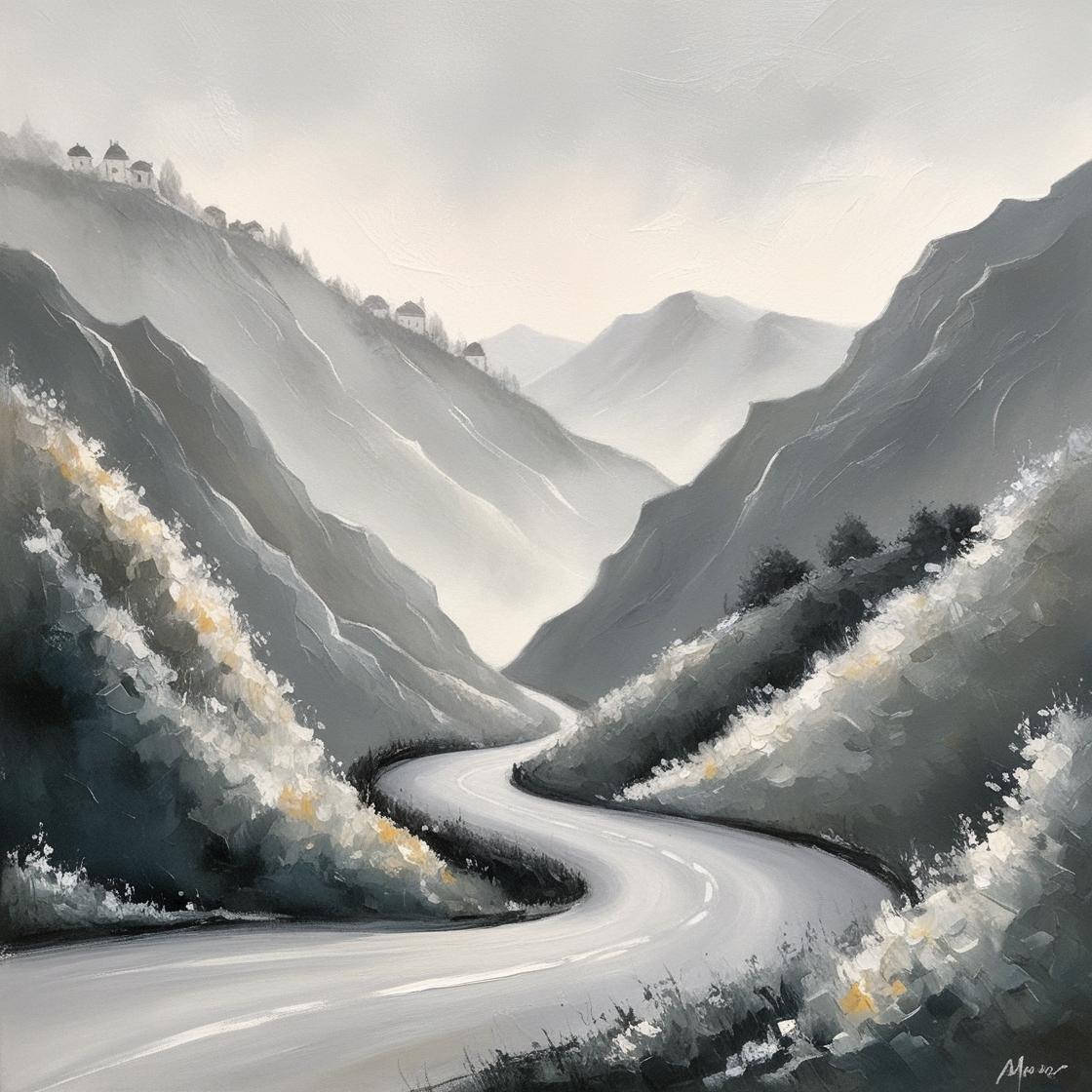 צור ציור אומנותי  ברמה גבוהה בצבעי אקריליק עם משיחות מכחול רכות ועדינות של הרים וביניהם כביש מ...jpg
