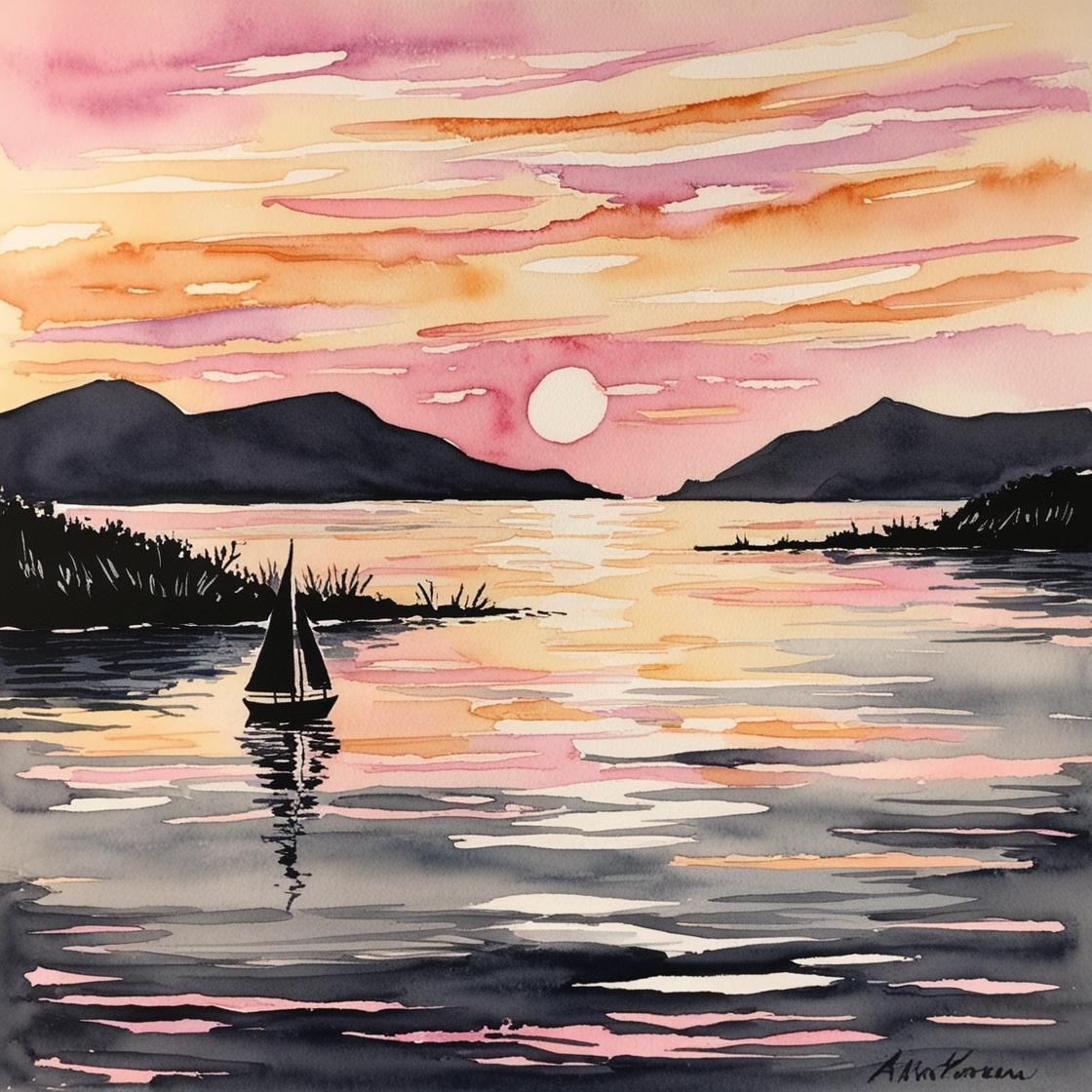 צור ציור צבעוני בצבעי מים עם משיכות מכחול רכות עדינות וממושכות, של שקיעה בים. גווני השמים צבעי...jpg