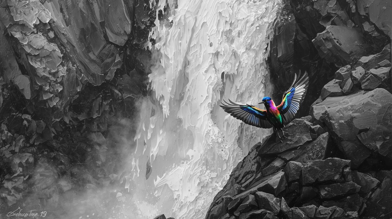 צור תמונה בסגנון אימפסטו, נוף של מפל, התמונה בצבעי אפור, ליד המפל יש ציפור, הציפור בצבעי הקשת,...jpg