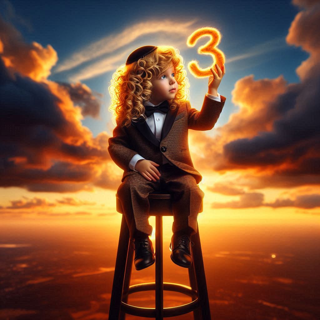 צור תמונה מרגשת ועוצרת נשימה ברקע של שמים בשקיעה בתמונה ילד כבן 3 יושב על כסא בר לילד שיער זה...jpeg