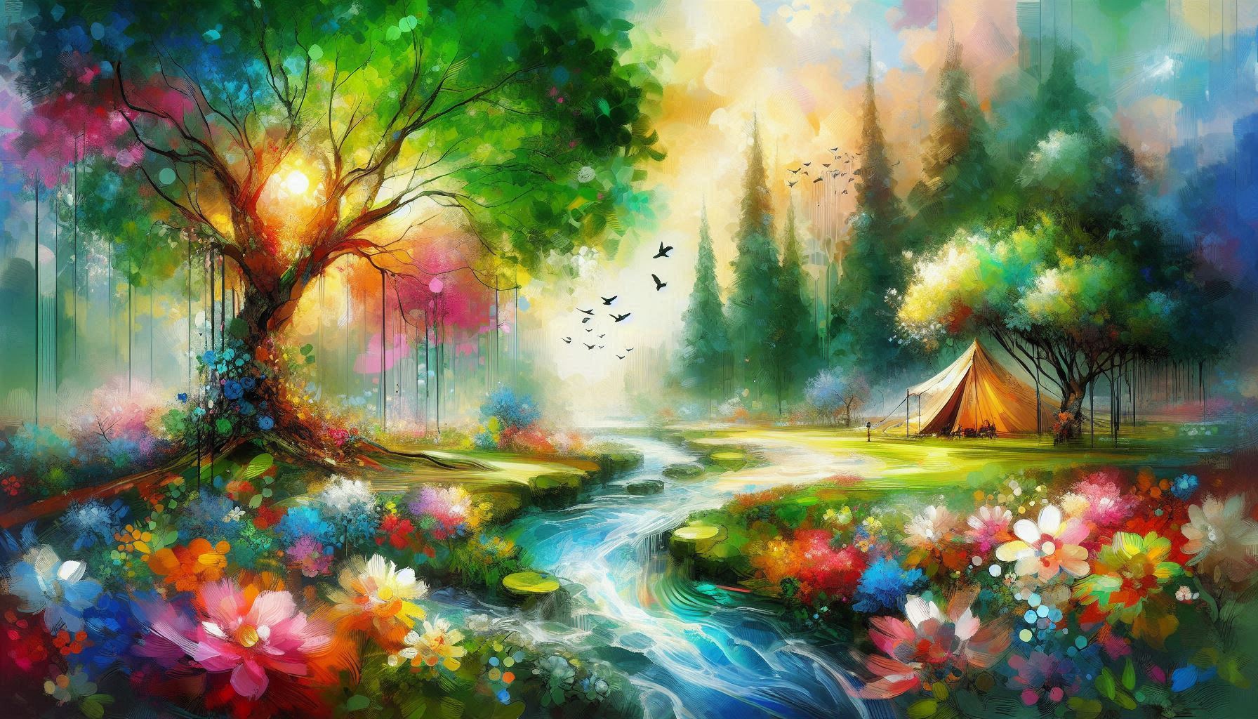 צור תמונה רחבה של גן עדן ירוק עם נחלים עצים בכל מיני צבעים ואהלים שמש זורחת ציפורים,  ציפורים...jpeg