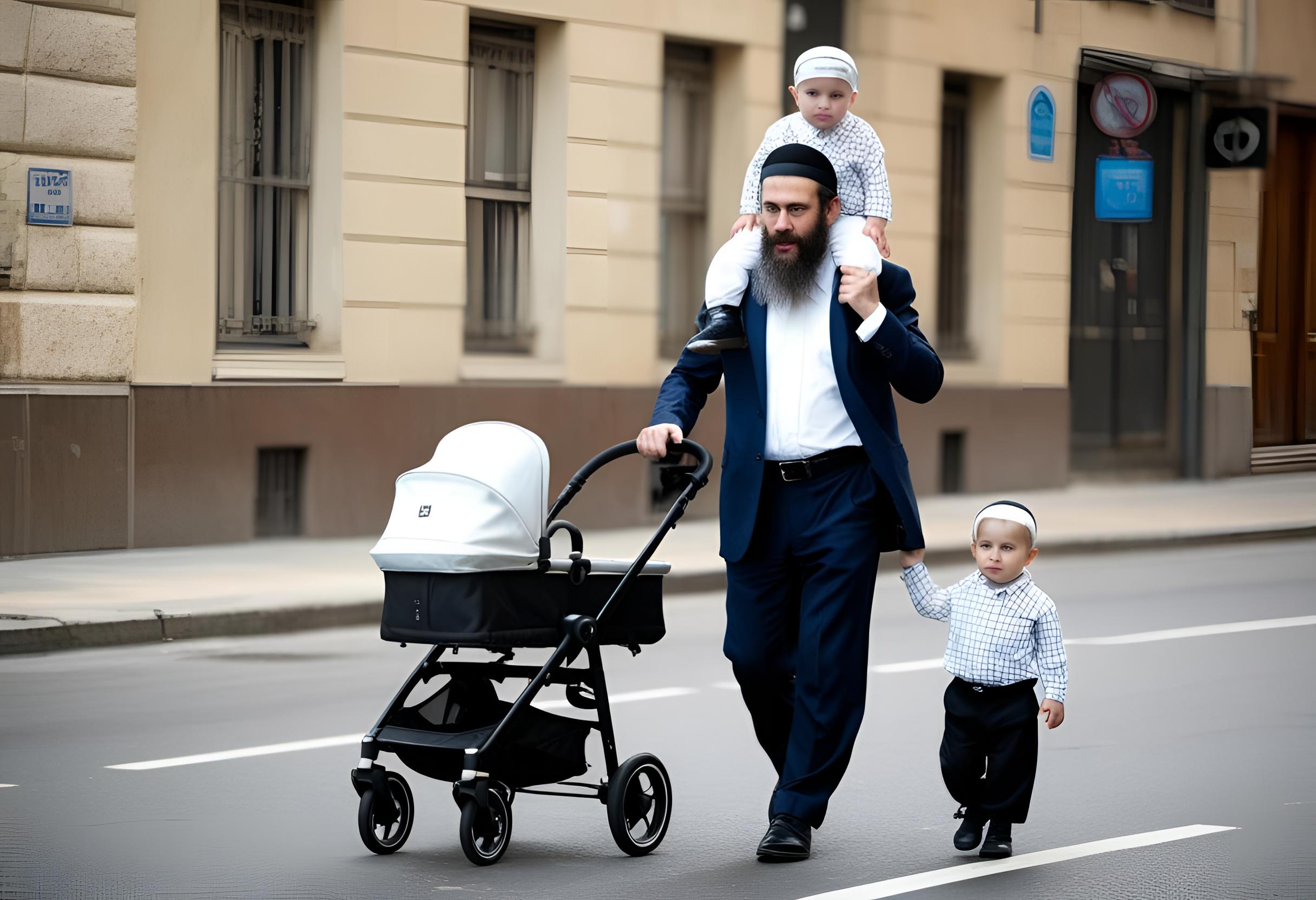 צור תמונה של איש חרדי הולך ברחוב וסוחב עגלה עם תינוק בתוכו ולידו יש ילד חרדי קטן ועל הכתפיים ש...jpg
