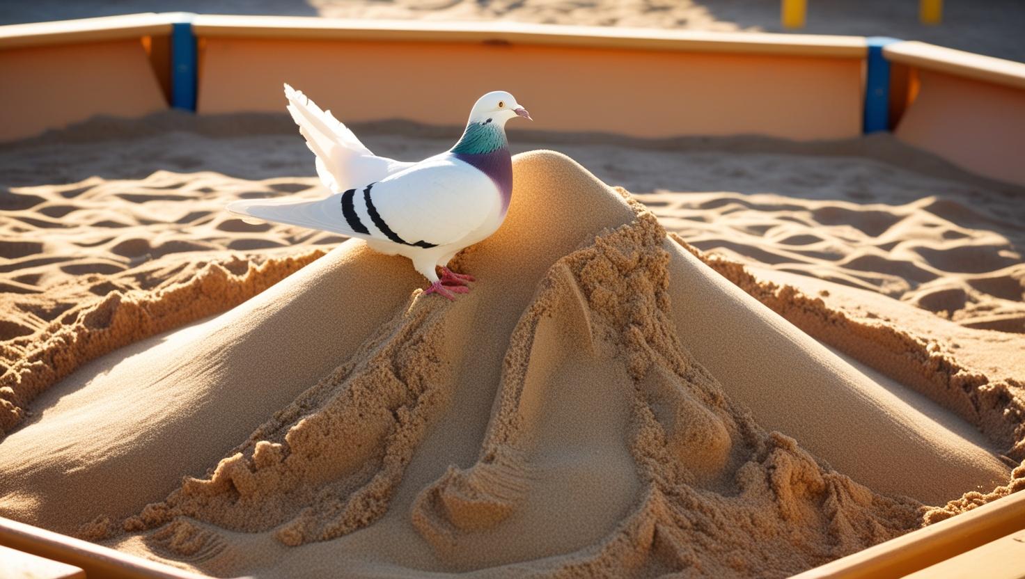 צור תמונה של הר גבוה עשוי מחול חום מעליו עומדת יונה גדולה בצבע לבן באמצע ארגז חול בגינת משחקים.jpg