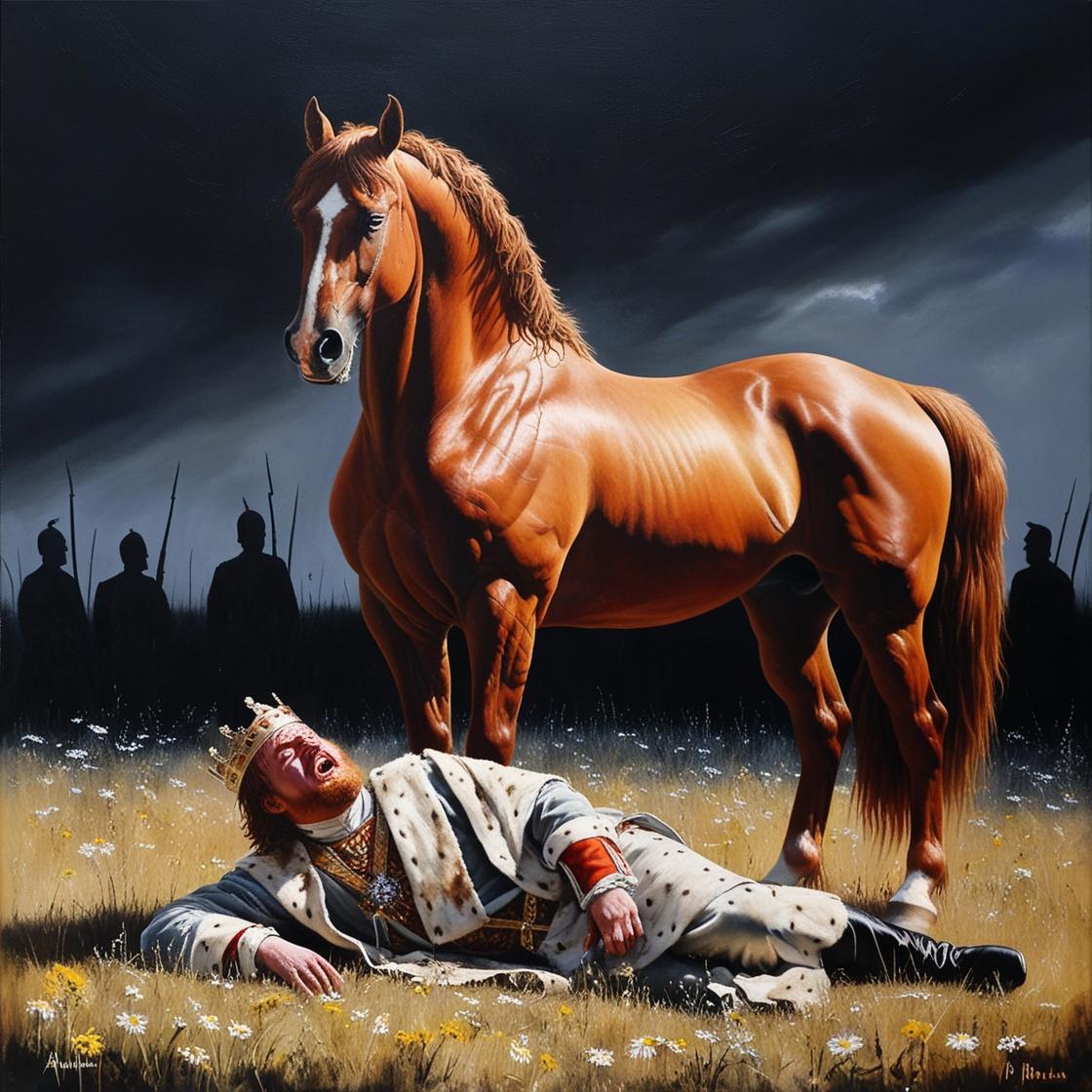 ציור באקריליק של סוס מלכותי עומד בשדה. לידו על הרצפה נפל המלך. הוא פצוע ומדמם וזועק מכאבים. במ...jpg
