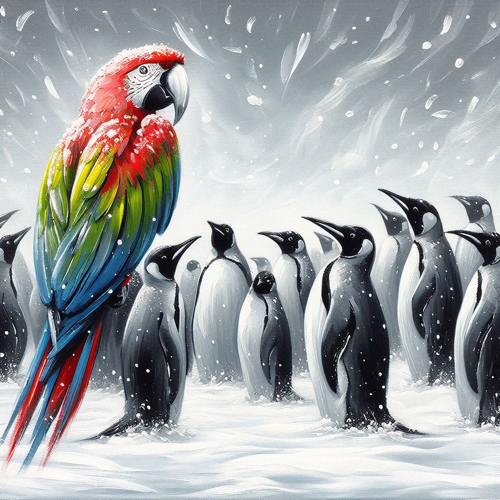 ציור במשיכות מכחול בצבעי גואש בגוונים של אפור, פינגווינים גבוהים עומדים על משטח של שלג, וביני...jpeg