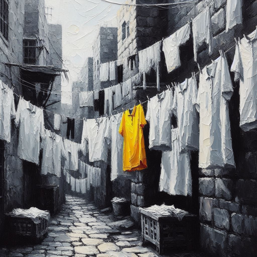 ציור בנוסח אימפסטו בגווני שחור לבן- רחוב ירושלמי ישן, חבלי כביסה פרוסים ועליהם תולות חולצות ל...jpeg