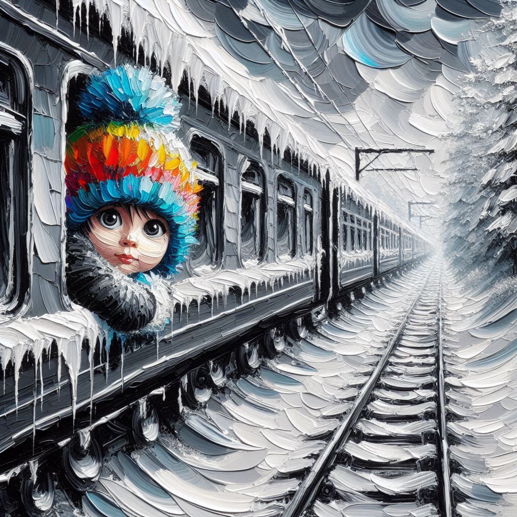 ציור בסגנון אימפסטו- מריחות מכחול בגוונים שחור ולבן של רכבת קרונות על פסי רכבת מושלגים. מאחד ...jpeg