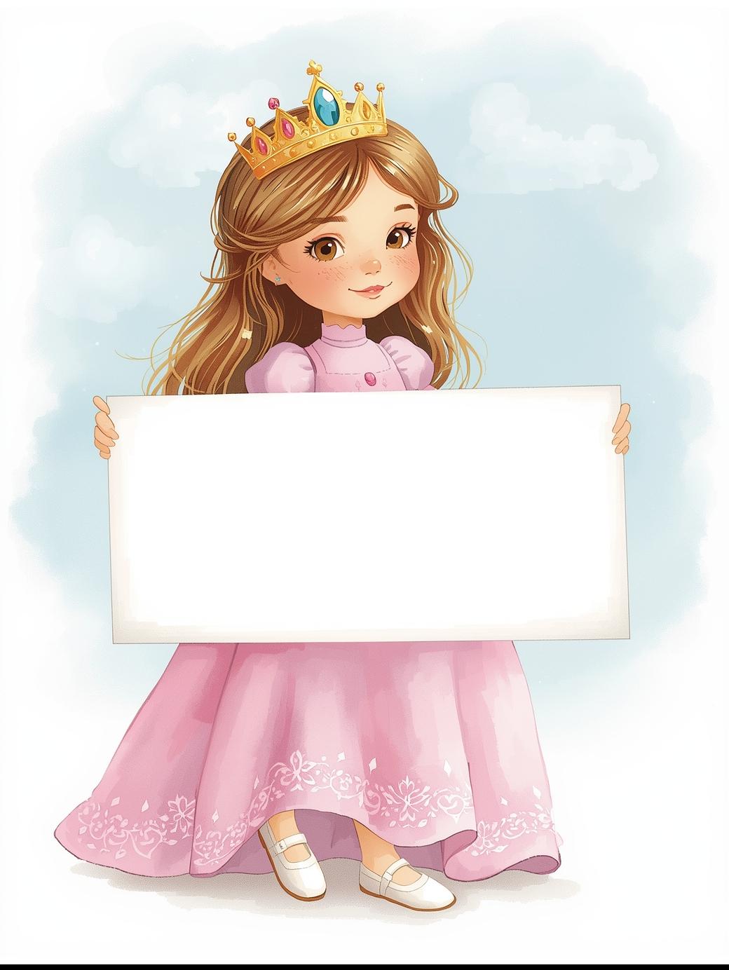 ציור בסגנון ספרי ילדים איכותינסיכה מתוקה קטנה עם כתר על הראש ושמלה מפוארת ארוכה צוואר מהודק עם...jpg