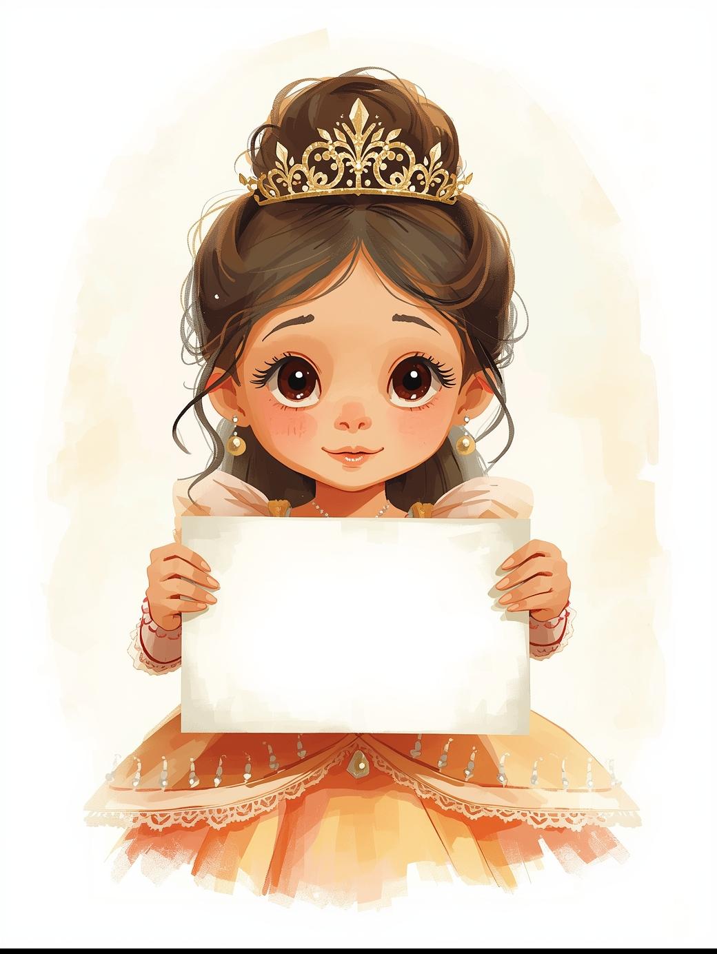 ציור בסגנון ספרי ילדים איכותינסיכה מתוקה קטנה עם כתר על הראש ושמלה מפוארת מחזיקה שלט לבן ריק.jpg