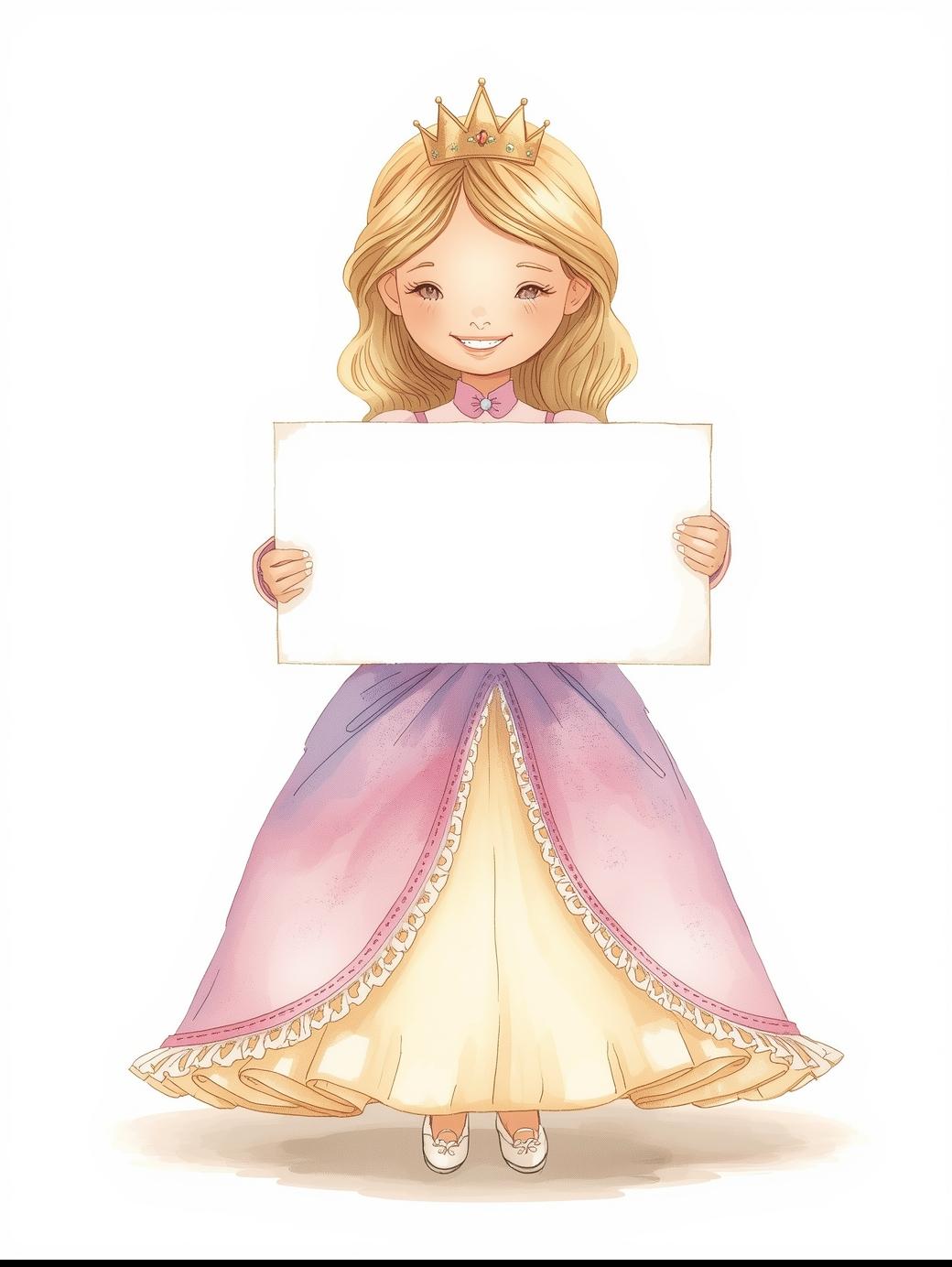 ציור בסגנון ספרי ילדים איכותי נסיכה מתוקה מחייכת קטנה עם כתר על הראש ושמלה מפוארת ארוכה צוואר ...jpg