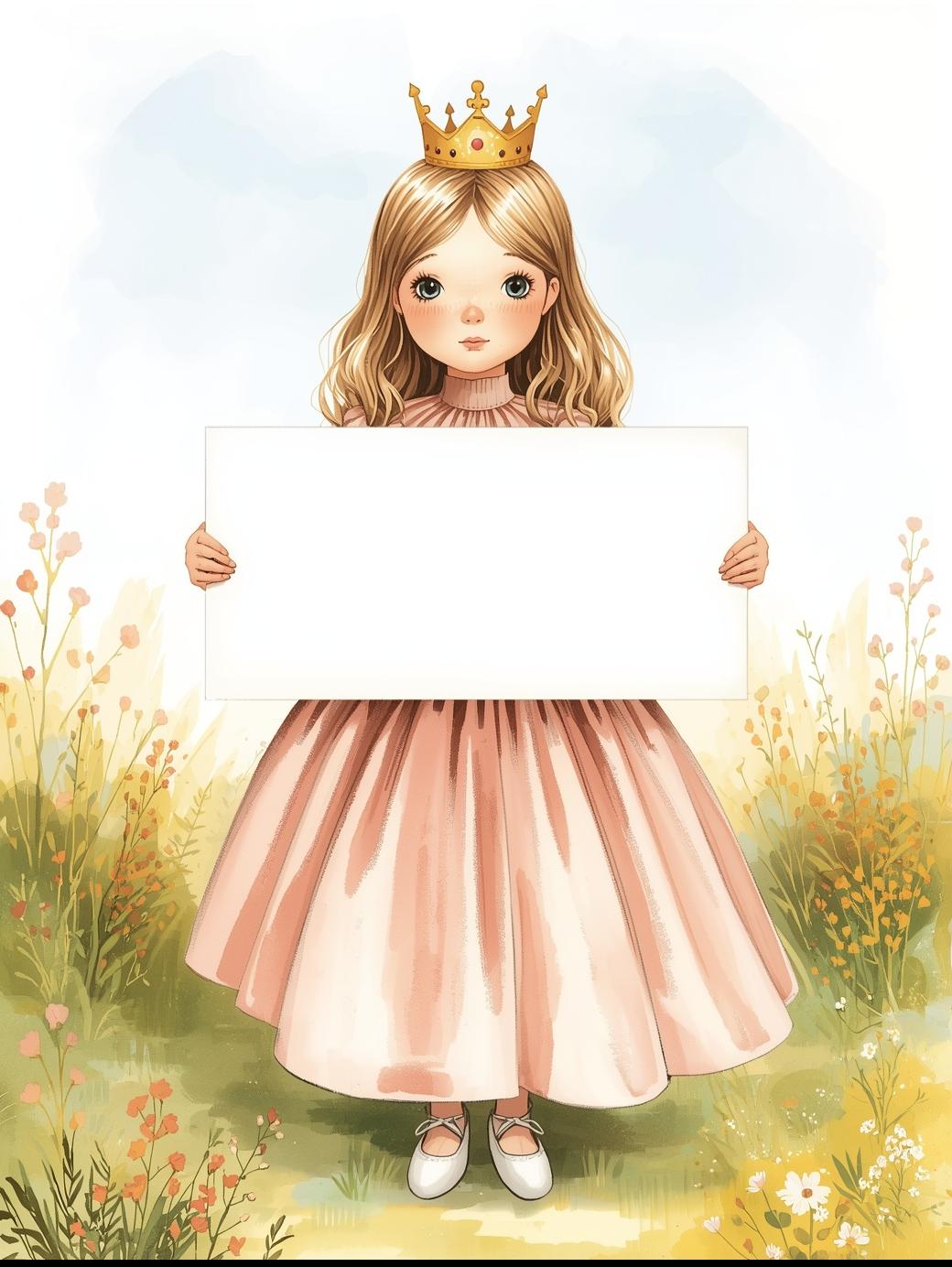 ציור בסגנון ספרי ילדים איכותי נסיכה מתוקה קטנה עם כתר על הראש ושמלה מפוארת ארוכה צוואר מהודק ע...jpg