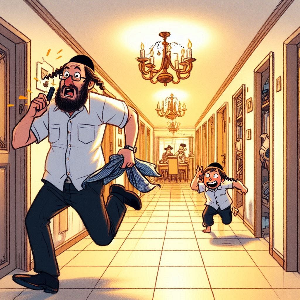 ציור לי תמונה שתבטא את הלחץ שלפני ששבת נכנסת במשפחה חרדית. התיאור של התמונה תהיה מזדרון ביתי ...jpeg