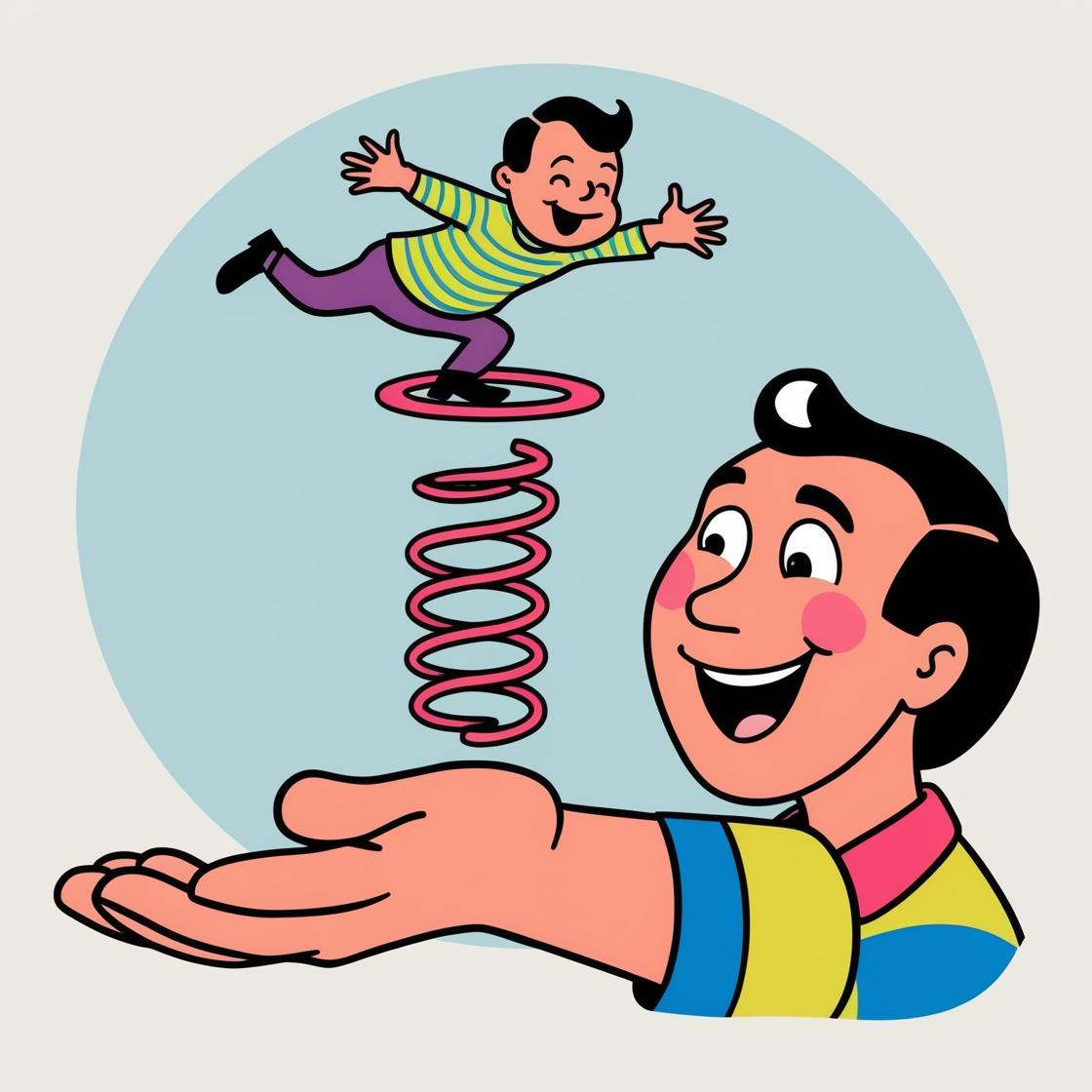 ציור מצחיק של איש מושיט את היד קדימה עם כף היד פתוחה, ועל היד יש לו קפיץ שבראש הקפיץ עומד איש.jpg