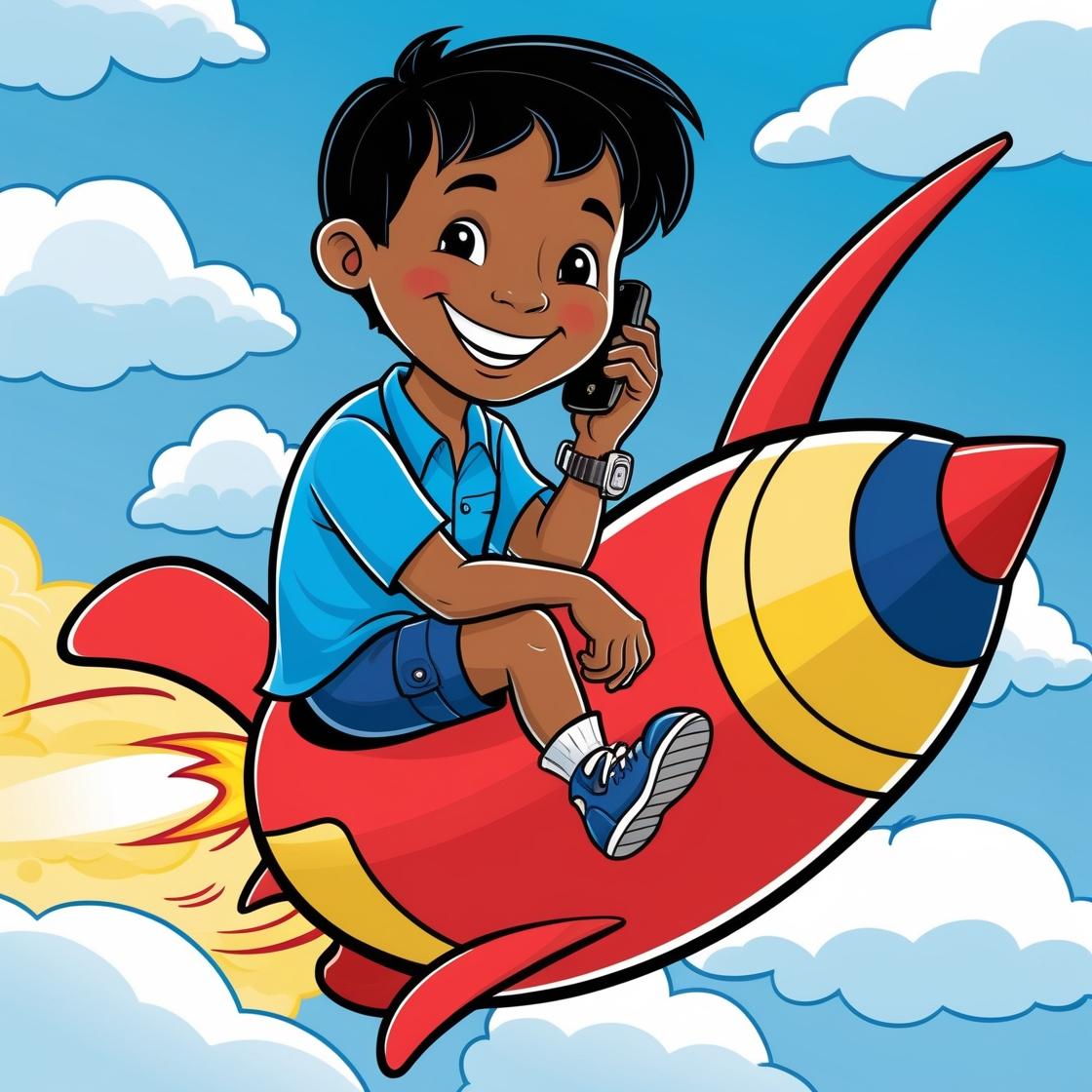 ציור מצחיק של ילד יושב על טיל באוויר. הילד מחייך ומסתכל על השעון יד שלו ומדבר בטלפון ביד השניה.jpg