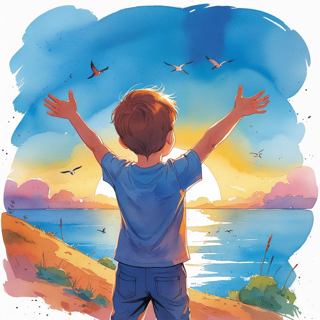 ציור סגנון צבעי מים צבעוני , תרחיק ילד קטן בן 4  עם גבו לצייר פורש את שתי ידייו לשמיים הכחולים...jpg