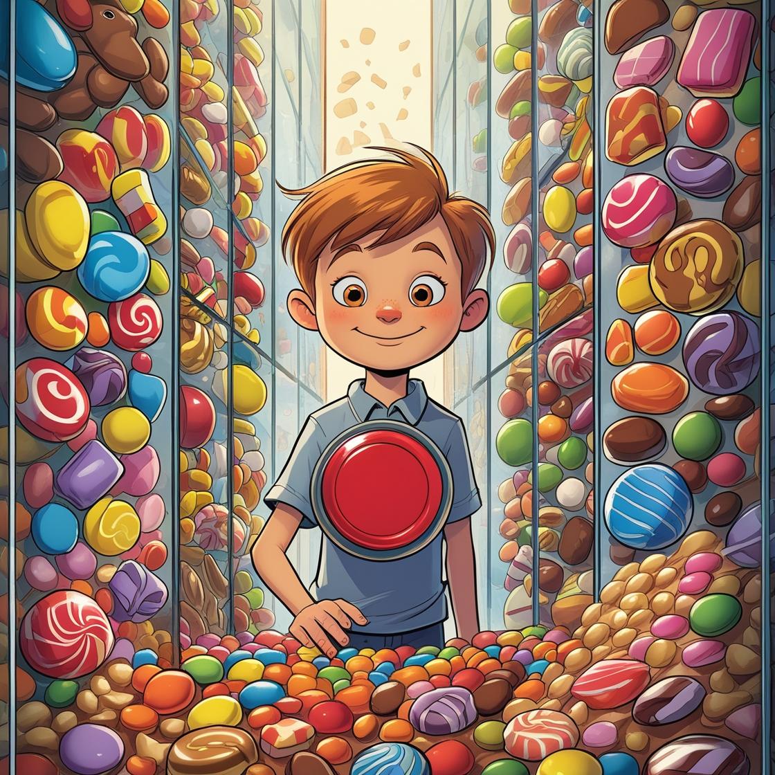 ציור קריקטורה . ילד בן 10 עומד מול קיר זכוכית ענק שמאחוריו יש מאות ממתקים ושוקולדים מגרים ויש ...jpg