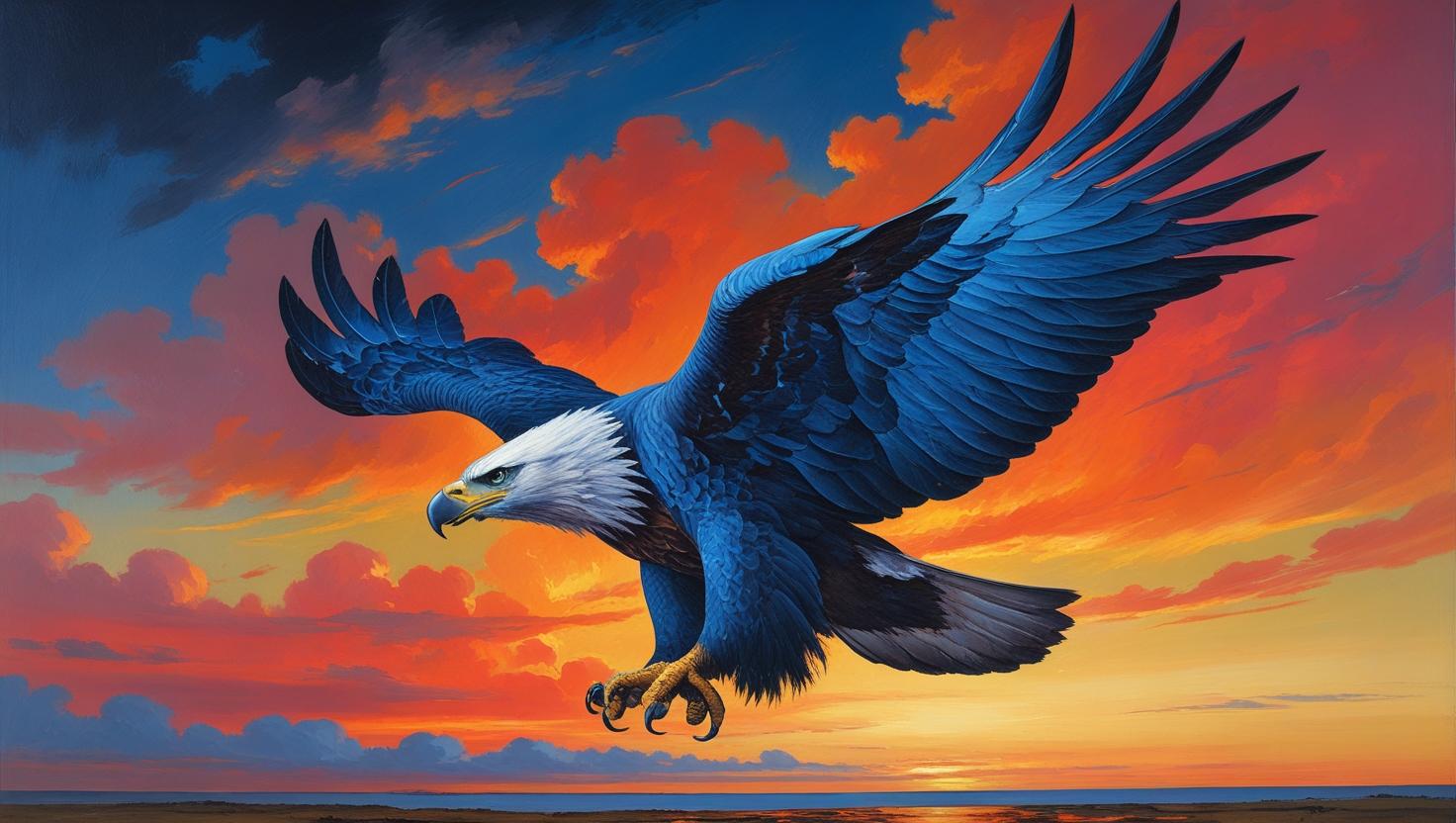 ציור שמן מואר של נשר כחול עף בשמיים בשקיעה (2).jpg